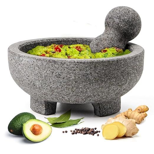 The Luvan Large Mortar and Pestle Set is a 4-cup unpolished granite molcajete Mexicano that is perfect for making guacamole, grinding spices, crushing herbs, and making salsa or pesto. The gray stone grinder bowl is 8 inches in size, making it spacious enough to handle large quantities of ingredients.