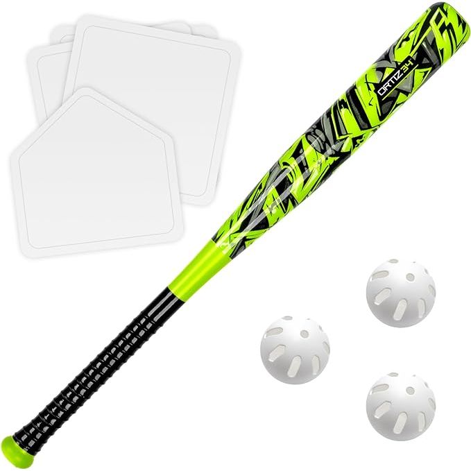 The Ortiz34 Grand Slam Set is a complete baseball set that includes a graffiti design plastic bat, 3 balls, and 4 throw down bases. The bat is made of durable plastic with a graffiti design, making it both stylish and functional for players of all ages. The set also includes 3 balls, perfect for practicing hitting, pitching, and catching.