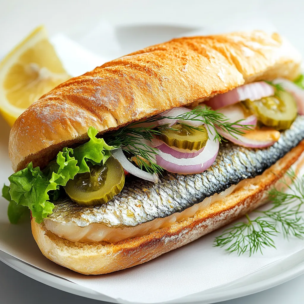 Fischbrötchen is a classic German fish sandwich loved by seafood aficionados, typically found at ports and street food stalls in Northern Germany. The sandwich consists of a crusty bread roll filled with various types of fish such as pickled herring, mackerel, or salmon, accompanied by fresh ingredients like lettuce, onions, pickles, and a creamy remoulade or horseradish sauce. It's a simple yet satisfying meal, ideal for a quick lunch or snack, that brings a taste of seaside cuisine to your table. Known for its combination of diverse textures and flavors, the Fischbrötchen is a beloved traditional fast food that is both convenient and flavorful.