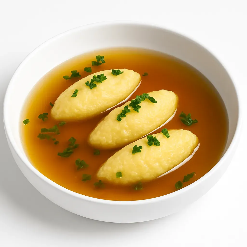 A comforting and traditional Austrian soup featuring delicate semolina dumplings, often served as a starter for a warm, homely feel to any meal.