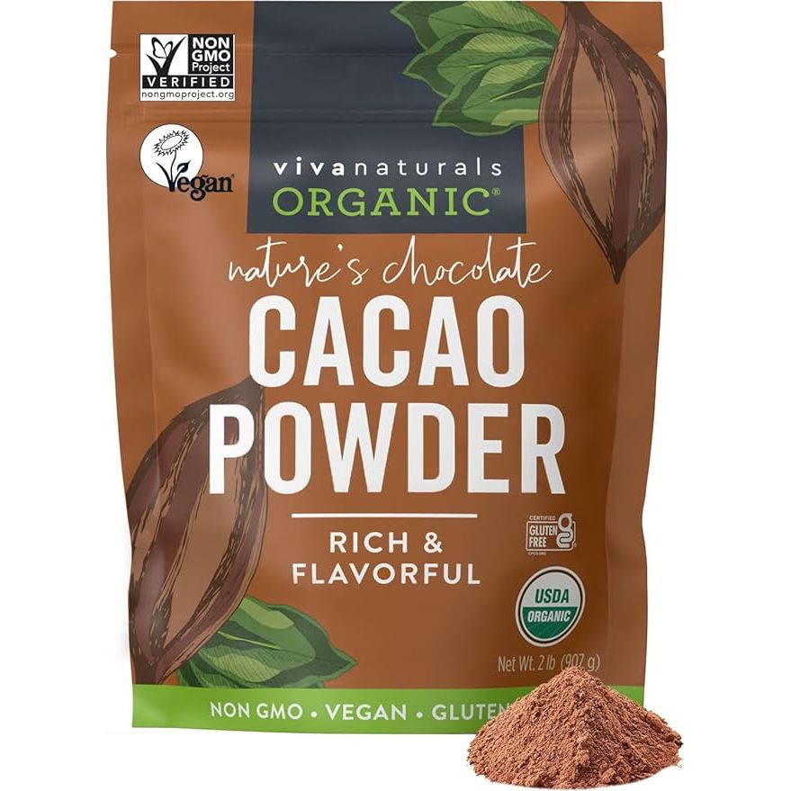 Viva Naturals Organic Cacao Powder is a premium quality unsweetened cocoa powder that delivers a rich dark chocolate flavor, making it perfect for baking and adding to smoothies. With a 2lb (907g) bulk size, it is ideal for those who use cacao powder regularly in their recipes.