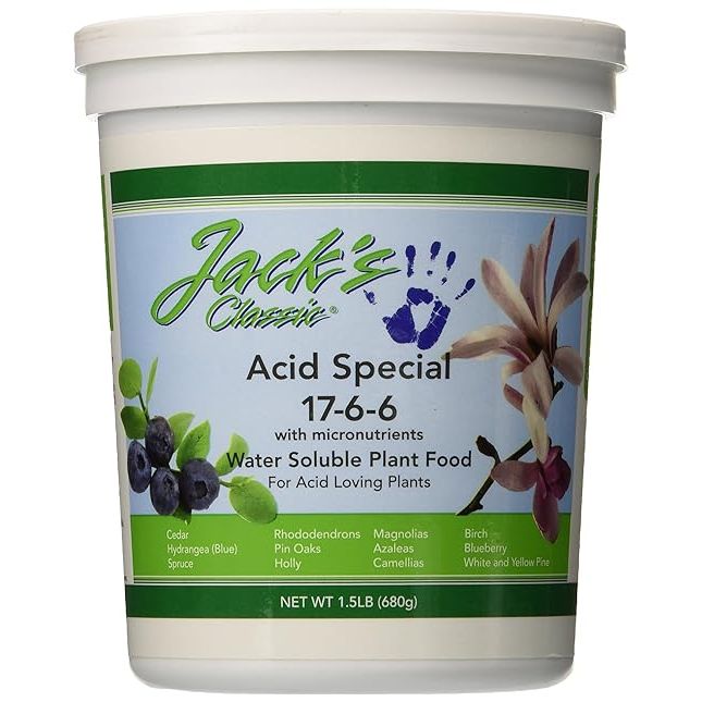 Jack's Classic 17-6-6 Acid Special Water-Soluble Fertilizer is specifically formulated to meet the nutritional needs of acid-loving plants such as azaleas, rhododendrons, camellias, and blueberries. This fertilizer is designed to promote robust vegetative growth and colorful blooms in these types of plants.