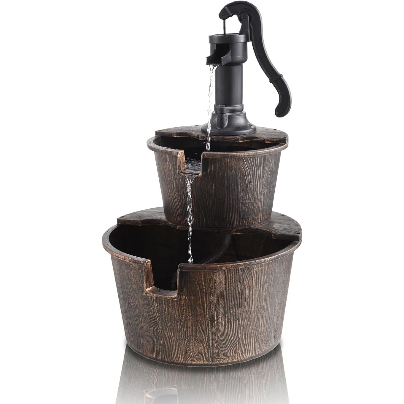 Add some rustic charm to your home or outdoor space with the Two-Tier Barrel & Pump Bronze Fountain. This fountain is easy to set up - simply fill it with water, plug it in to a standard electric outlet, and watch as the water flows gently from tier to tier.