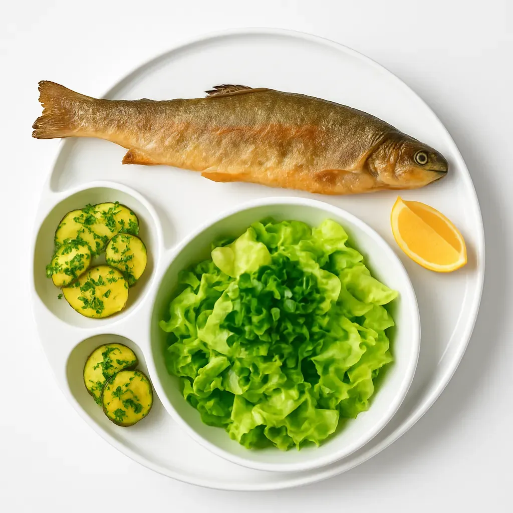 A delightful recipe showcasing a perfectly pan-fried whole char with a refreshing lemon-butter sauce, paired with parsley potatoes and a crisp salad, ideal for a special family dinner or impressing guests.