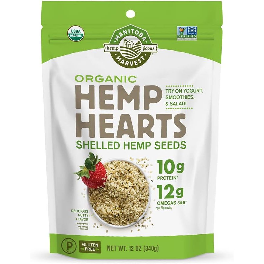 Organic Hemp Hearts by Manitoba Harvest are nutritious and versatile hemp seeds that are rich in plant-based protein, omega-3, and omega-6 fatty acids. With 10g of protein and 12g of omega-3 and omega-6 per serving, these hemp hearts are a great addition to smoothies, yogurt, salads, and other dishes.