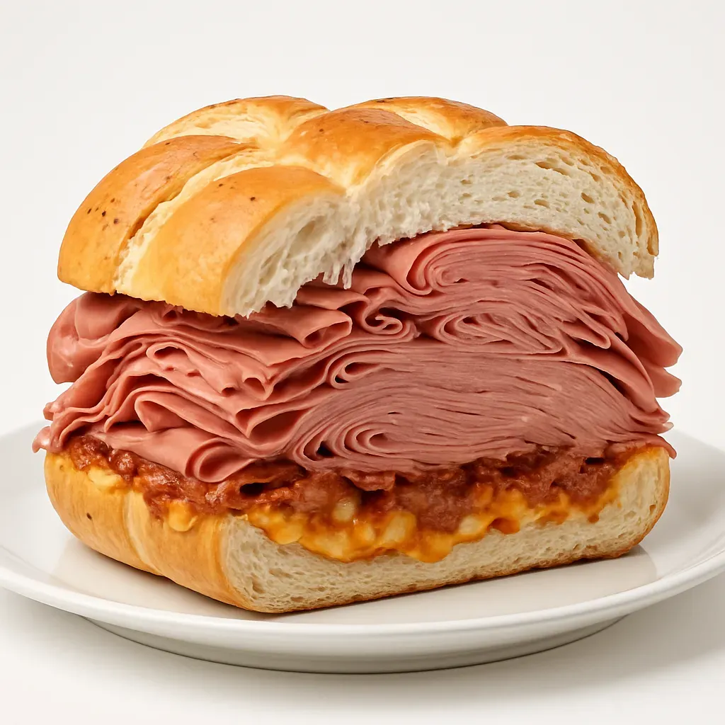 A hearty and rich sandwich made with stacked mortadella, cheddar cheese, crisp bacon, and caramelized onions in French bread, capturing the essence of Brazilian street food.