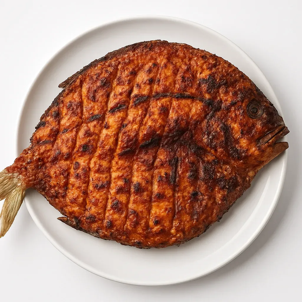 A savory and smoky Mexican grilled fish dish featuring a whole fish, marinated and grilled over charcoal for a flavorful outdoor experience.