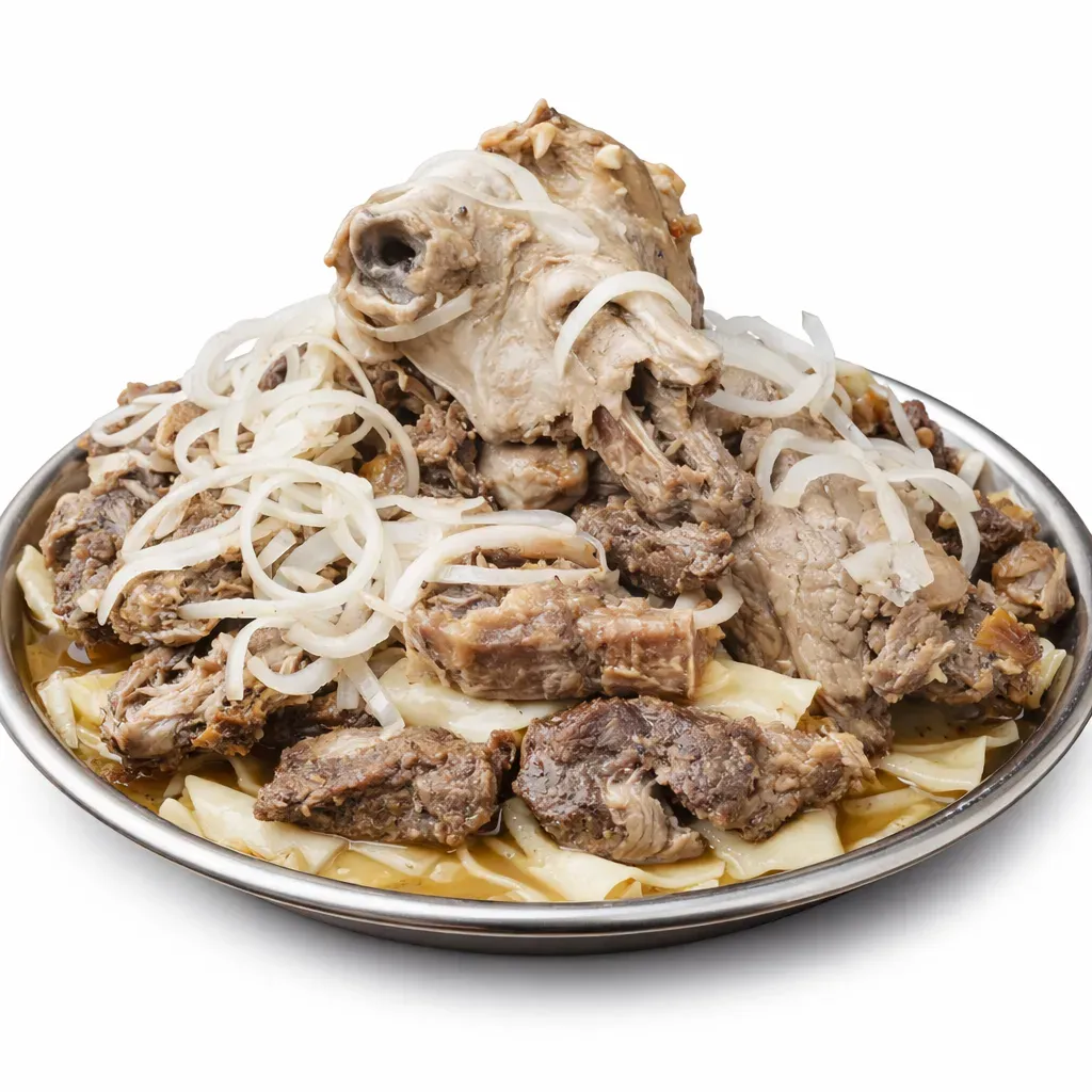 Et Asu Beshbarmak is a traditional and festive main course from Kazakh cuisine, featuring tender lamb, traditional Kazakh sausages, and luscious noodles, all beautifully arranged and garnished with aromatic onions.
