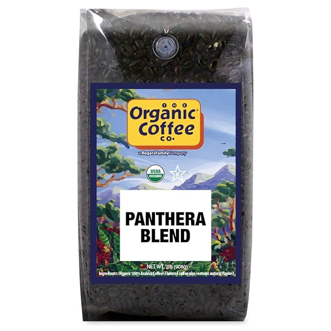 The Organic Coffee Co. Whole Bean Coffee - Panthera Blend is a medium roast coffee that is USDA organic certified. The beans are sourced from high-altitude regions around the world and blended to create a rich and balanced flavor profile.