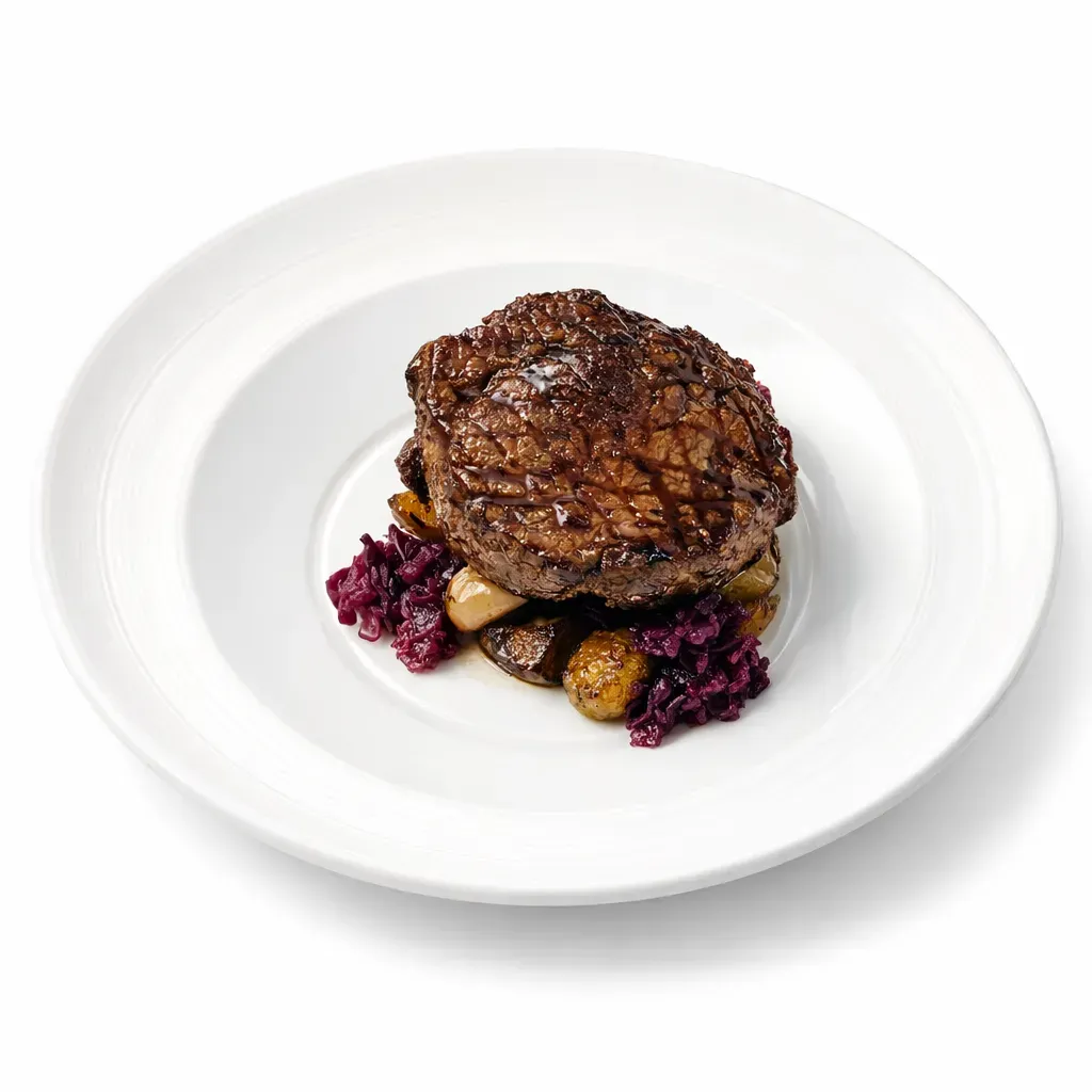 A rustic dish featuring pan-fried musk ox steaks served with crispy new potatoes, garlic, and tangy pickled red cabbage, cooked over an open fire.