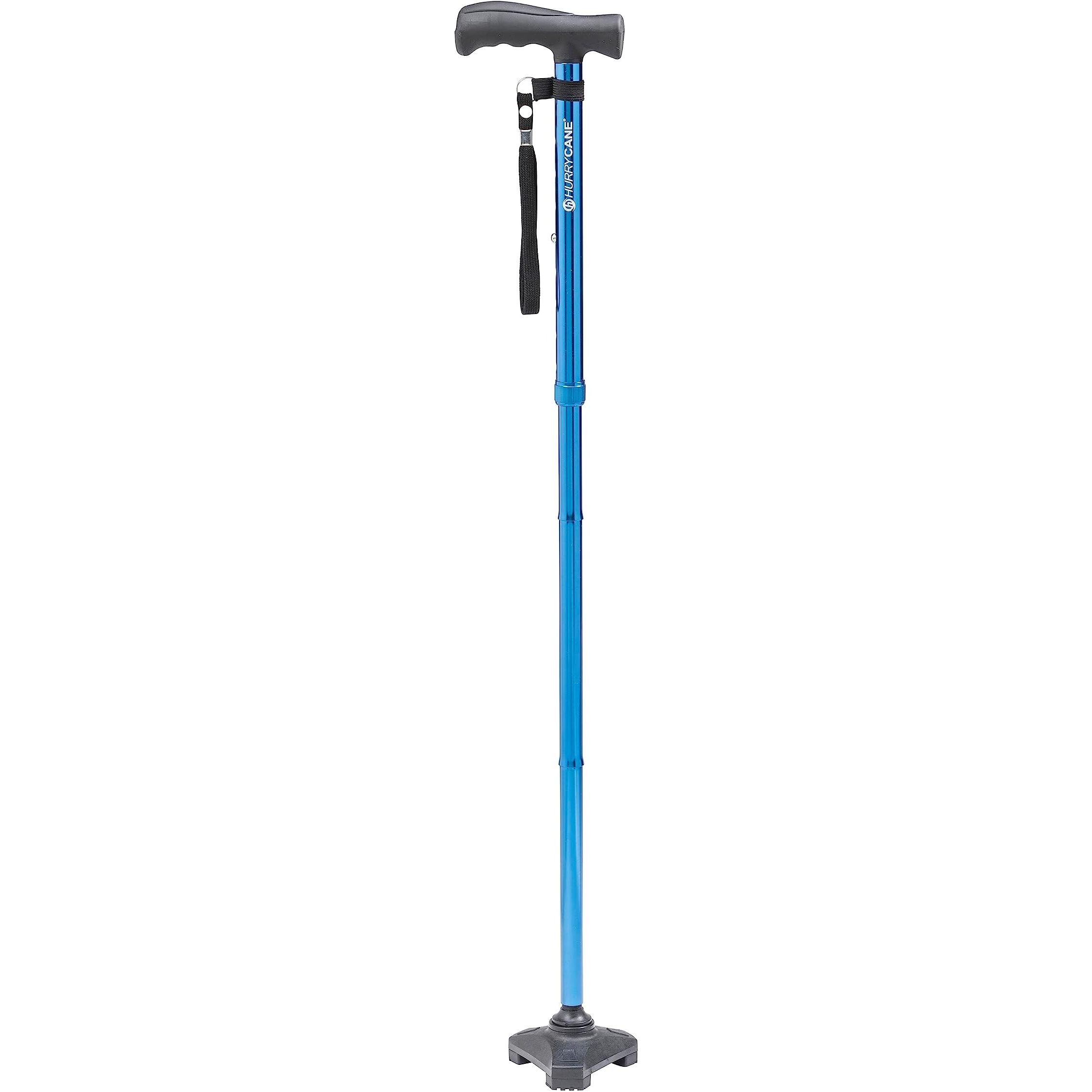 The HurryCane Freedom Edition is a foldable walking cane that features a T handle for easy grip and control. It is designed to provide stability and support for individuals who may have difficulty walking or maintaining their balance. The cane is adjustable in height, making it suitable for users of different heights.