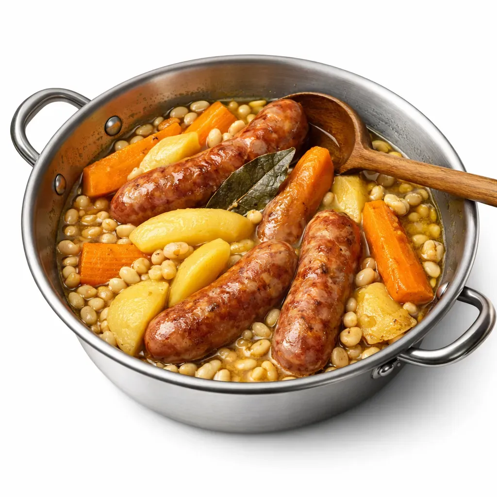 Experience a hearty taste of Brittany with this warming meal featuring tender sausages, flavorful vegetables, and melt-in-your-mouth white beans. Perfect for cold winter days!