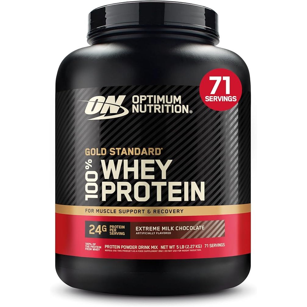 Optimum Nutrition Gold Standard 100% Whey Protein Powder is a high-quality protein supplement designed to support muscle recovery and growth, making it popular among athletes and fitness enthusiasts. The product is packaged in a 2.27 kg container, providing approximately 70 servings.