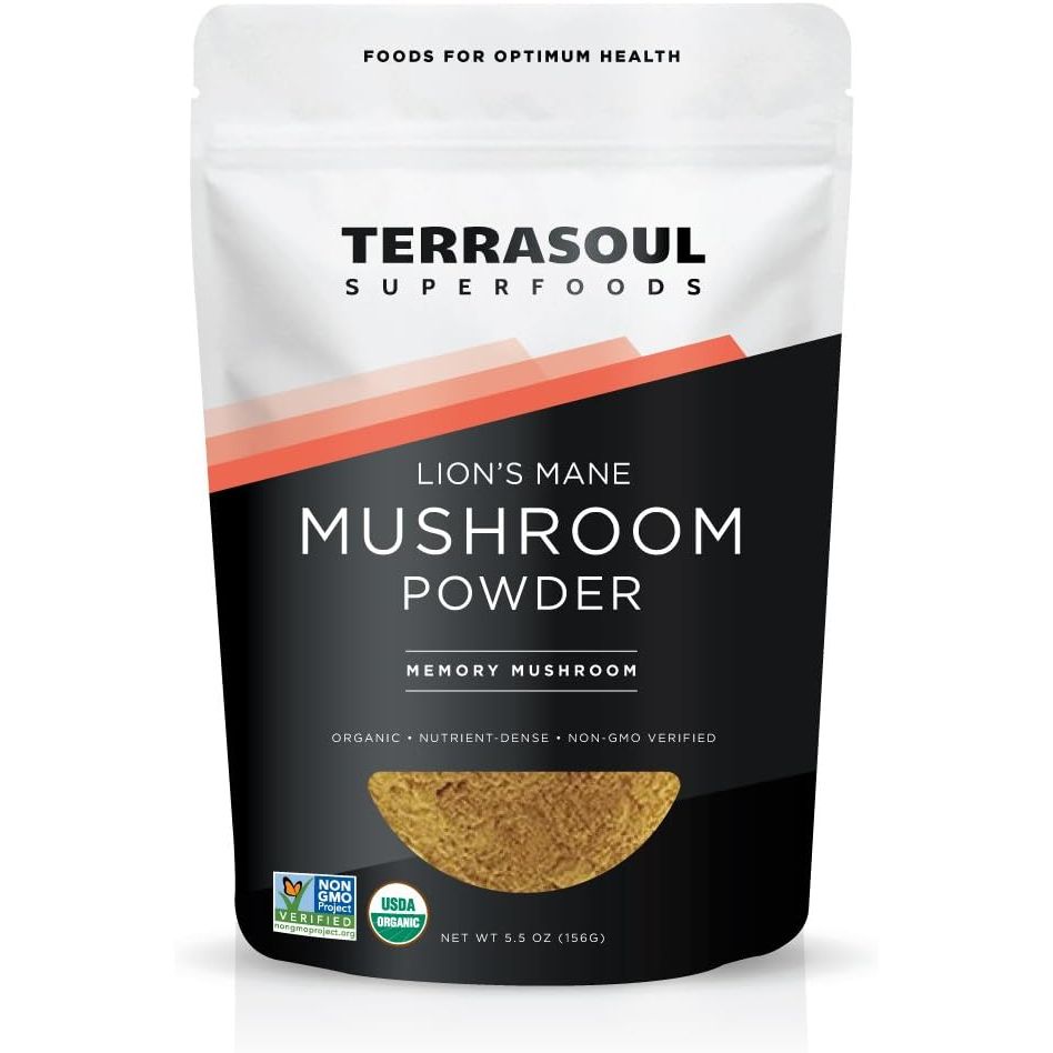 Experience the powerful benefits of Lion's Mane Mushroom with Terrasoul Superfoods Lion's Mane Mushroom Powder. This 4:1 extract is USDA certified organic, non-GMO, gluten-free, and vegan, ensuring a high-quality and potent product.