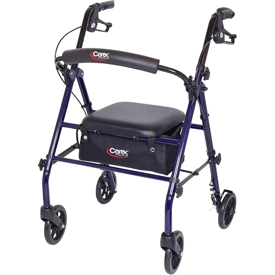 The Carex Steel Rollator Walker with Seat and Wheels is a sturdy and reliable mobility aid designed for seniors. It is able to support up to 350lbs, making it suitable for a wide range of users. The rolling walker features a comfortable seat for resting, as well as wheels for smooth and easy maneuverability.