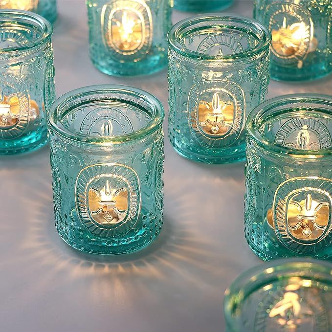 The Blue Votive Candle Holders Set of 12 is a stylish and elegant addition to any home or event decor. These vintage blue tealight candle holders are perfect for weddings, home decorations, or as teal candle holders for special occasions like Thanksgiving or Christmas.