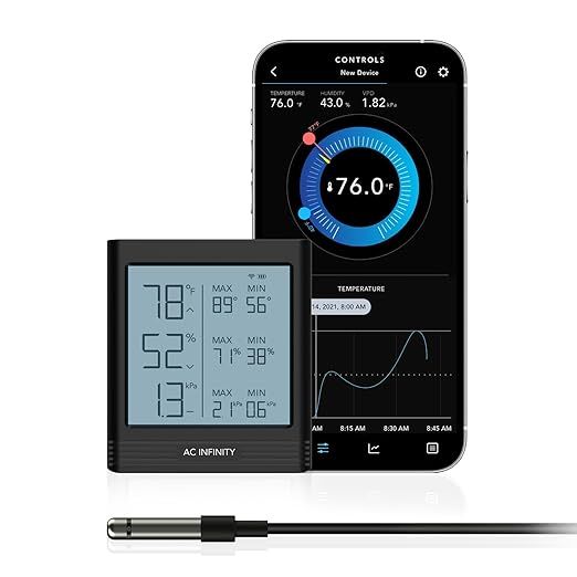 The AC Infinity CLOUDCOM B1 is a temperature, humidity, and VPD (Vapor Pressure Deficit) smart hygrometer that comes with an LCD display and Bluetooth app monitor. This device is designed to help users monitor and maintain optimal climate conditions in environments such as basements, guitar rooms, grow tents, and greenhouses.