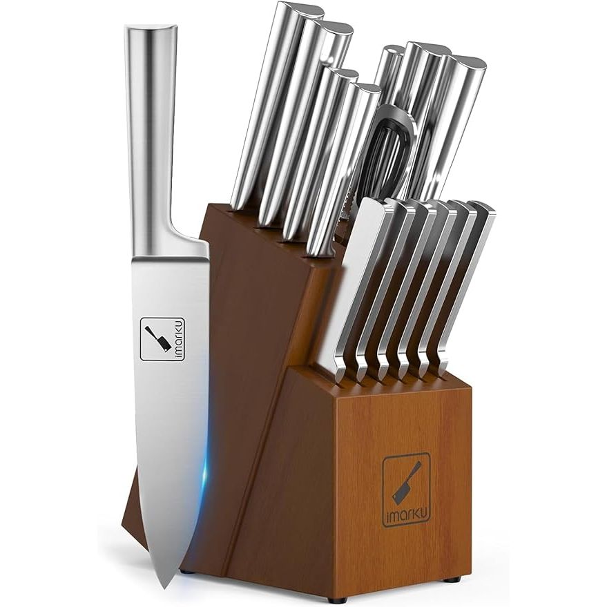 The imarku Kitchen Knife Set is a comprehensive 15-piece collection designed to meet a wide range of culinary needs. This set includes a versatile assortment of knives such as a chef knife, slicing knife, bread knife, utility knife, and paring knife, among others.