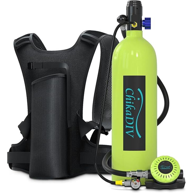 The 1.9L scuba tank is a portable diving tank set that is designed for underwater exploration. It has a capacity of 1.9 liters and provides 25-30 minutes of diving time, making it suitable for short dives within a depth of 10 meters. The tank is made of aviation-grade aluminum and is DOT certified, ensuring its safety and durability.