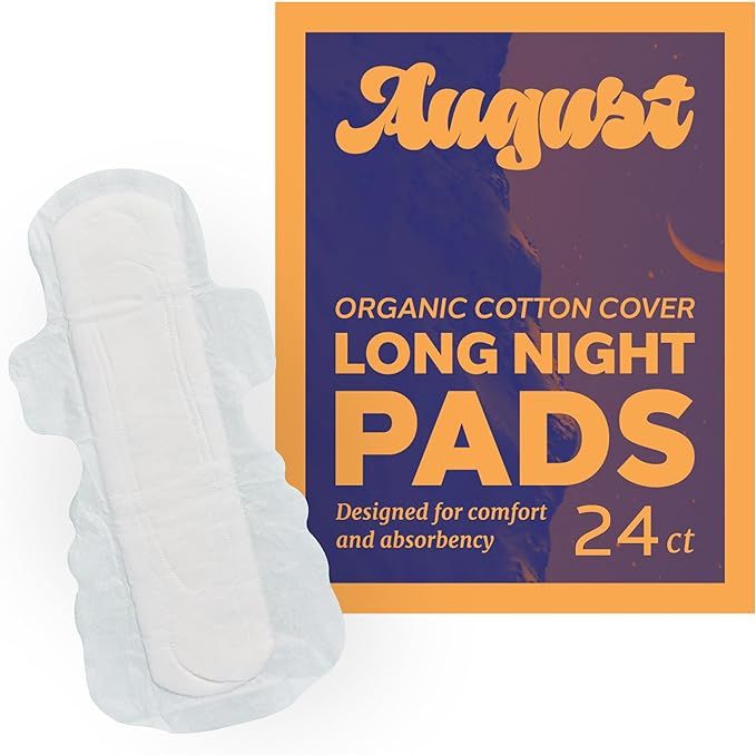 The August Overnight Pad with Wings is a product designed specifically for women and anyone who menstruates. This pack includes 24 long pads with compostable wrappers, making it an environmentally friendly option. The pads are toxin-free, fragrance-free, and hypoallergenic, making them safe for those with sensitive skin.