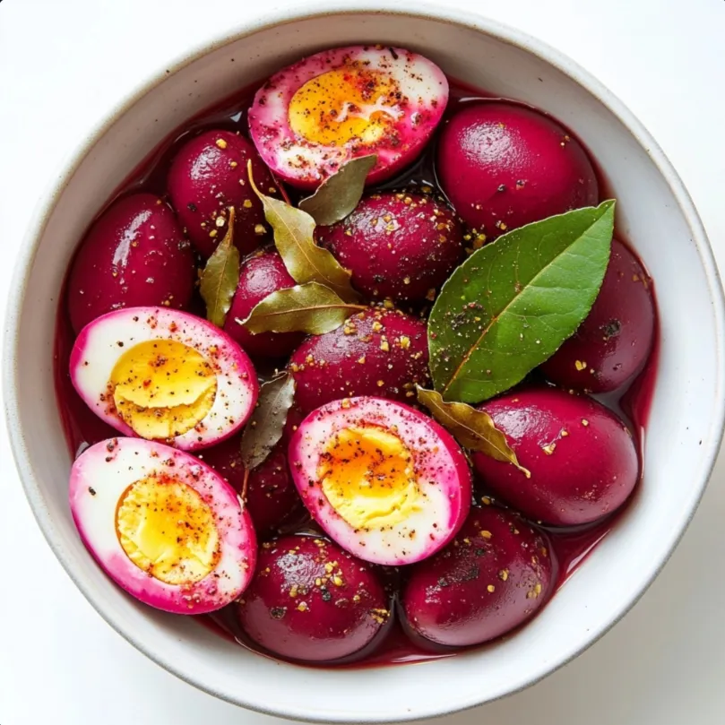 Pickled Eggs with Beet Juice and Vinegar Brine is a classic snack enjoyed for their tangy and slightly sweet taste. The eggs are first hard-boiled, peeled, and then submerged in a flavorful brine made from beet juice, vinegar, sugar, and a blend of pickling spices such as cloves, cinnamon, and bay leaves.