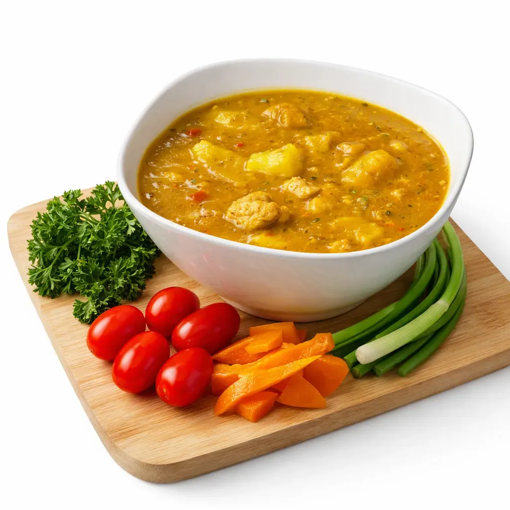 A comforting and hearty Caribbean chicken soup made with seasoned chicken, root vegetables, and pumpkin, bringing vibrant flavors and warmth to your kitchen.