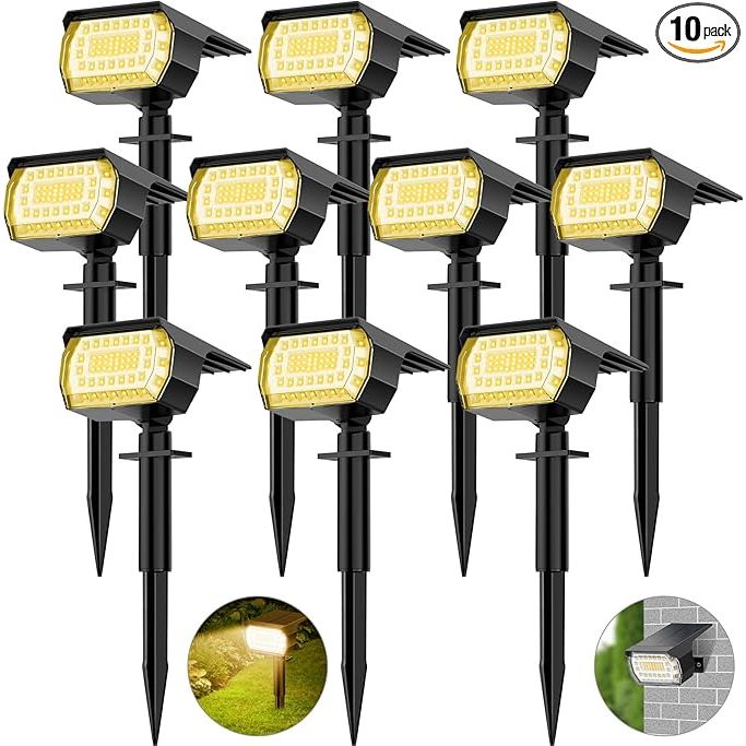 Solar spot lights outdoor are a popular choice for lighting up your garden, yard, pathway, or pool area. This 10 pack of solar lights features 57 LED bulbs that provide bright and warm white light. The lights are IP65 waterproof, making them suitable for outdoor use in all weather conditions.