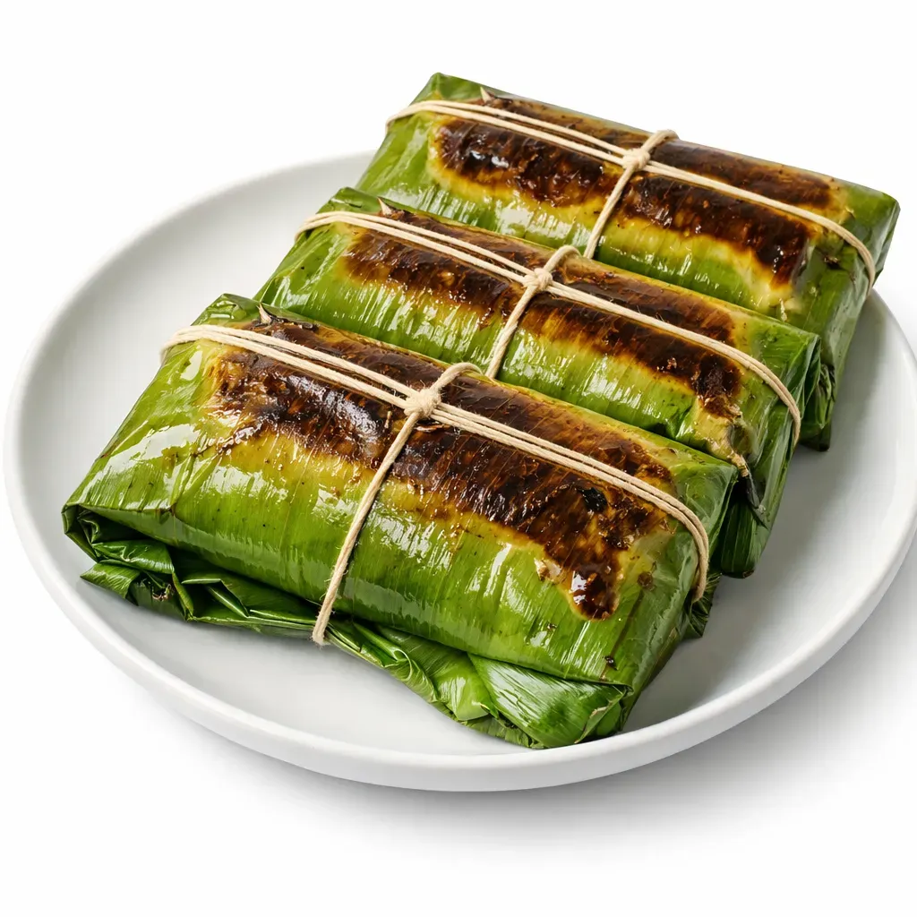 Steamed Bengali Hilsa fish wrapped in banana leaves, marinated in a mustard-based paste for a fragrant and flavorful dish.