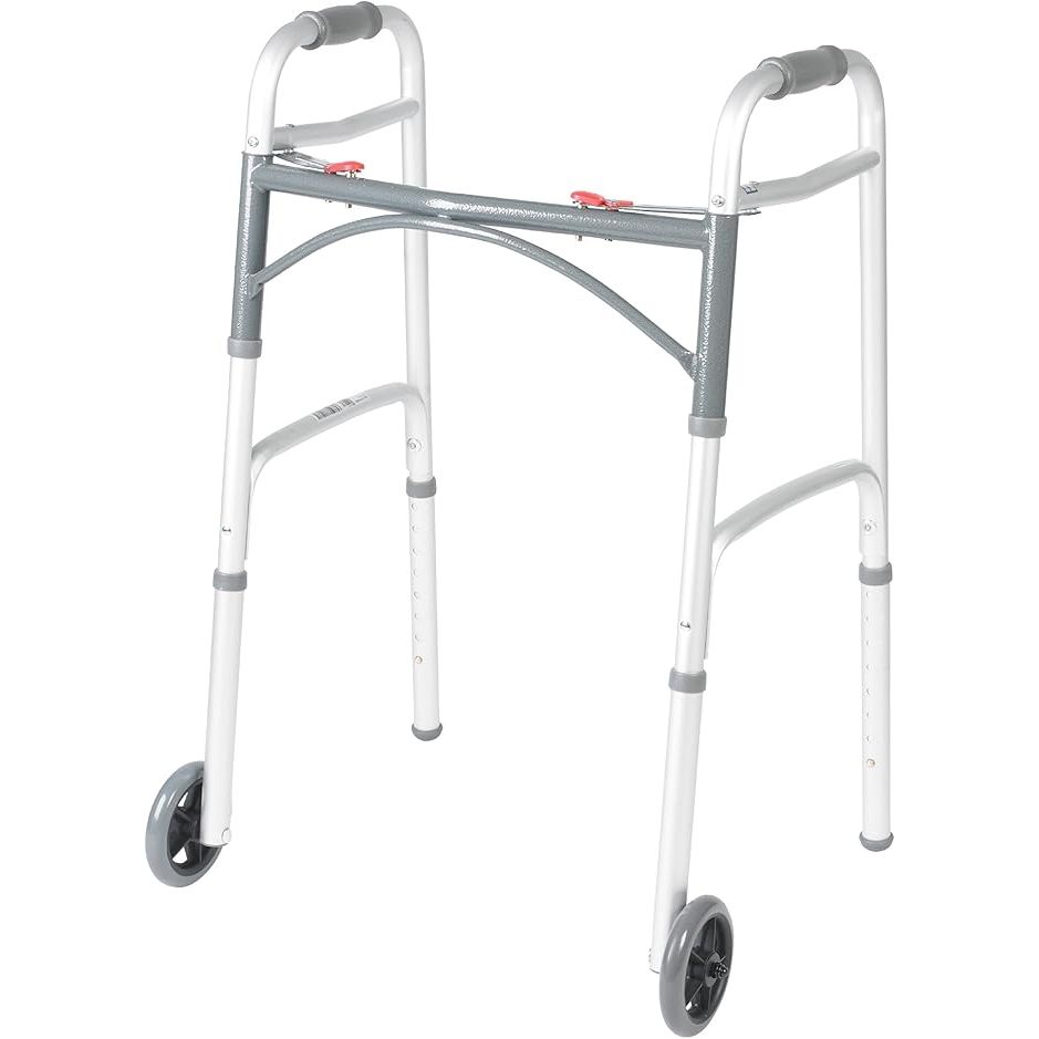 The Drive Medical 10210-1 2-Button Folding Walker is a versatile mobility aid designed to provide support and stability for seniors and adults weighing up to 350 pounds. This rolling walker features front wheels that allow for smooth navigation on various surfaces, making it ideal for indoor and outdoor use.