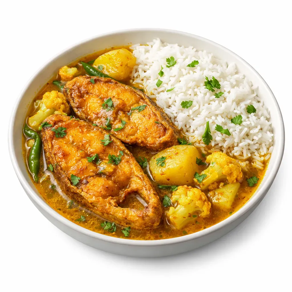 A classic Bengali fish curry featuring Rui fish, potatoes, and cauliflower in a light, aromatic gravy, perfect for pairing with rice.
