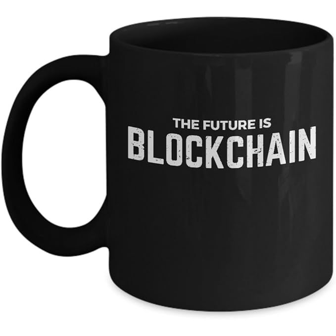 The Future Is Blockchain Black Coffee Mug is a white ceramic mug with a custom-designed digital currency inspired print. This unique mug serves as a great gift idea for those who are interested in blockchain technology and digital currency. The mug features a sleek and modern design that is sure to stand out in any coffee mug collection.