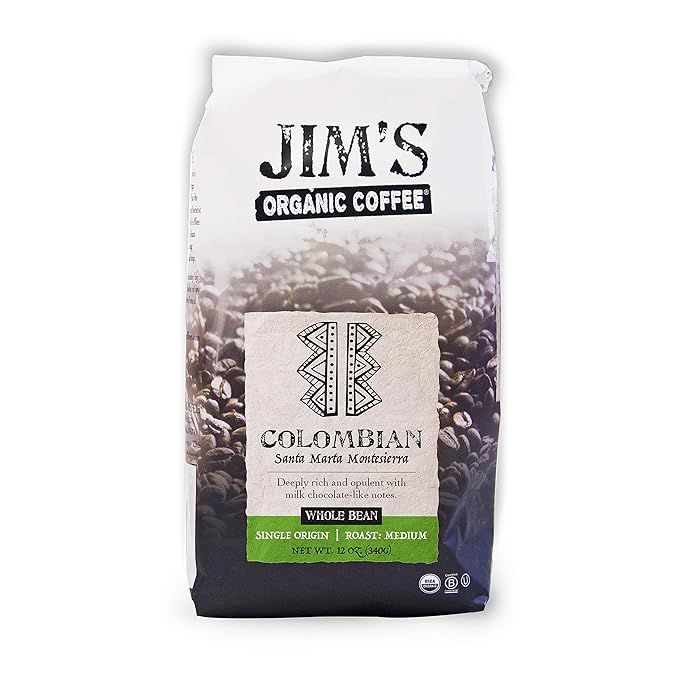 Jim's Organic Coffee Colombian Single Origin is a medium roast, whole bean coffee that comes in a 12 oz bag. Grown in the volcanic soil of the Andes Mountains in Colombia, this coffee offers a rich and well-balanced flavor profile. 
This single origin coffee is organically grown and sourced from small family farms in Colombia.