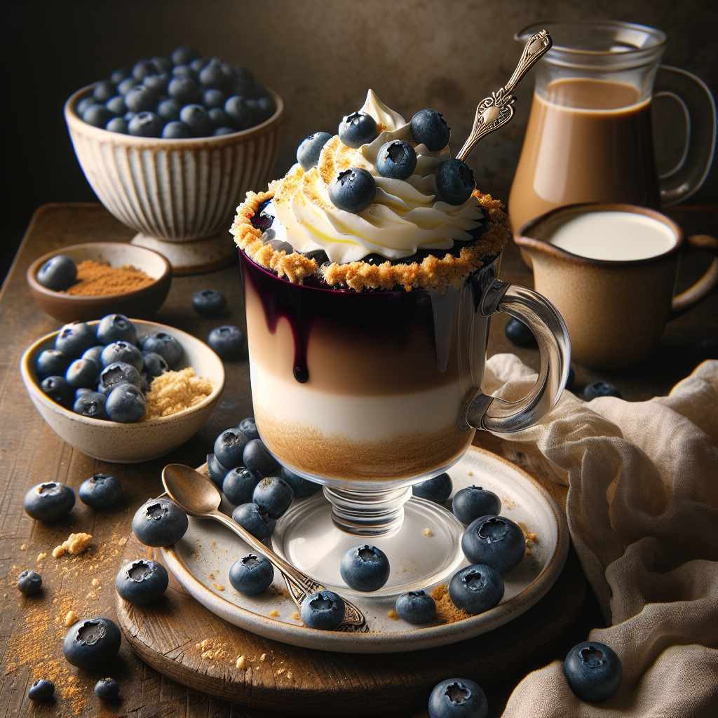 Blueberry Cheesecake Coffee is a decadent and rich beverage that combines the creamy, tangy flavors of blueberry cheesecake with the robust, aromatic qualities of coffee. It's a delightful treat perfect for those who enjoy a sweet twist on their regular coffee routine. To create this indulgence, freshly brewed coffee is blended with a blueberry cheesecake-flavored syrup or blueberry puree and cream cheese. This mixture is then poured over ice or steamed milk, depending on the preference for a hot or cold beverage. A dollop of whipped cream and a sprinkle of crushed graham crackers on top replicate the cheesecake crust, while a few fresh blueberries serve as a garnish, completing the marriage of dessert and coffee in one luxurious cup.