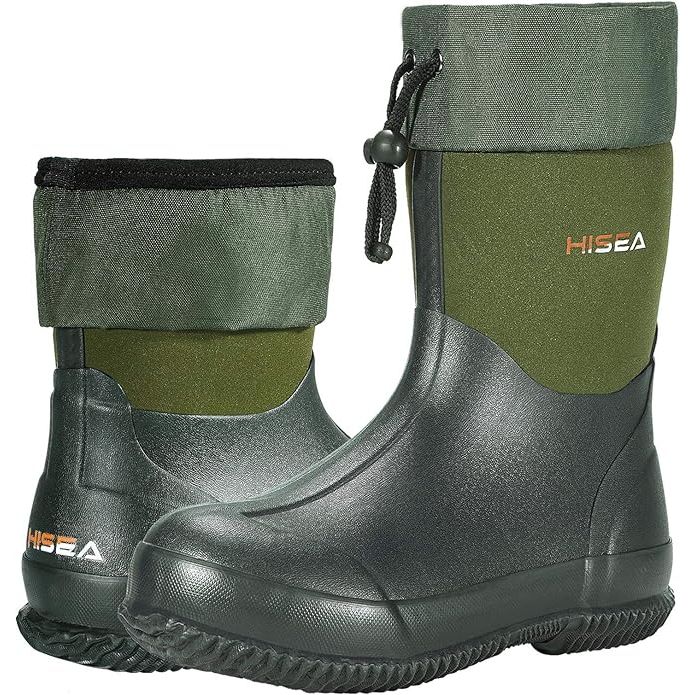 HISEA Men's Rain Boots are waterproof neoprene rubber boots designed for both men and women. These boots feature an adjustable ankle height which allows for a comfortable and secure fit. The insulation in these boots ensures that your feet stay warm even in wet and muddy conditions, making them perfect for garden work or outdoor activities.