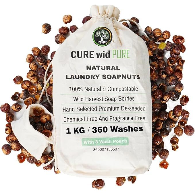 Cure wid Pure Organic Soap Nuts Deseeded is a natural and eco-friendly laundry detergent option that comes in a 1kg/2.2lb pack with 3 wash bags, offering up to 360 loads of laundry.