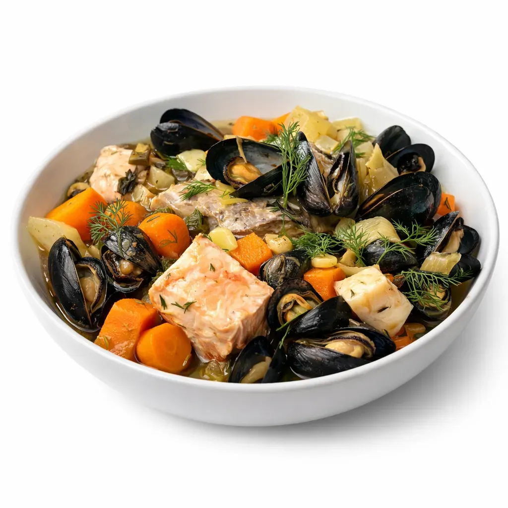 A delightful and hearty seafood dish that combines mackerel, salmon, cod, and mussels with vegetables and white wine, inspired by the bounty of the sea.