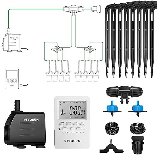 The VIVOSUN Professional Automatic Drip Irrigation Kit is a convenient and efficient all-in-one watering system designed for both indoor and outdoor gardening. The kit comes equipped with a 15W pump, timer, and regulator, making it easy to set up and use.
