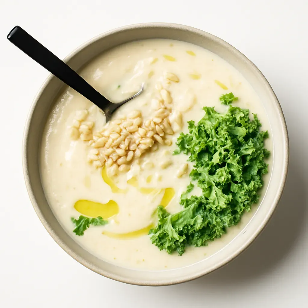 A comforting and elegant Nordic-inspired soup featuring a creamy blend of cauliflower, potatoes, and quinoa, garnished with fresh kale and cashews.