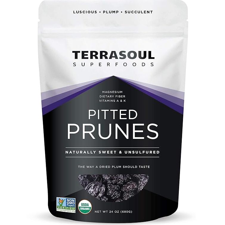 Terrasoul Superfoods Organic Dried Plums Pitted Prunes are a healthy and nutritious snack option that comes in a convenient 1.5-pound bag. These dried plums, also known as prunes, are certified organic and free from preservatives, making them a natural and wholesome choice for snacking or adding to recipes.