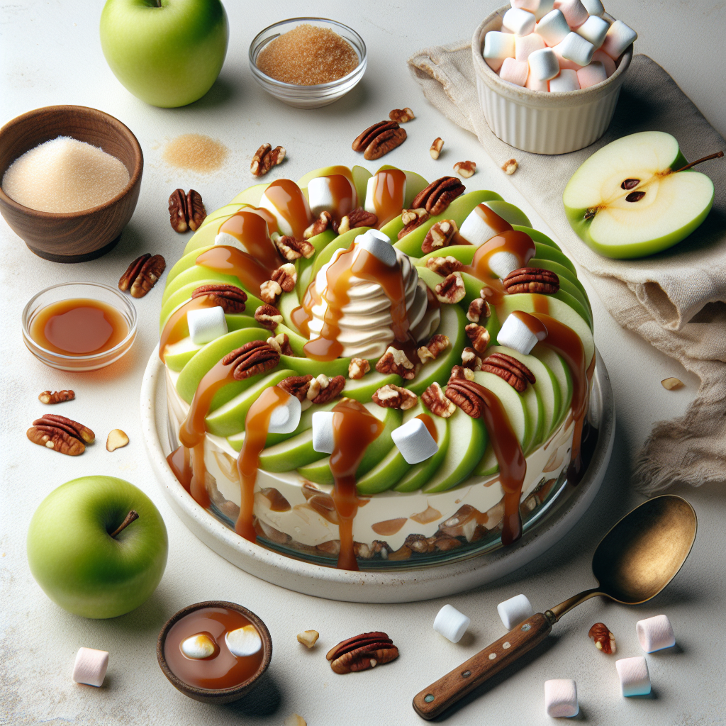 Caramel Apple Cheesecake Salad is a lusciously sweet and creamy dessert salad that combines the tartness of green apples with the velvety richness of cheesecake filling, all drizzled with smooth, gooey caramel. The addition of chopped nuts adds a delightful crunch, while miniature marshmallows offer a playful texture contrast.