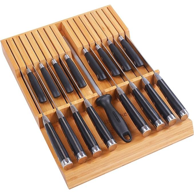 Maximize your kitchen organization and protect your cutlery with the Utoplike In-drawer Bamboo Knife Block, designed to seamlessly streamline your cooking experience. Crafted with premium bamboo, this eco-conscious knife organizer offers a smart, hygienic, and robust home for up to 16 different knives and a sharpening steel.