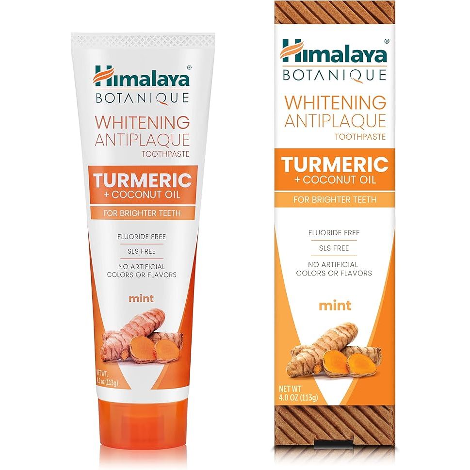 Himalaya Botanique Turmeric & Coconut Oil Whitening Antiplaque Herbal Toothpaste is a natural toothpaste that is formulated with ingredients like turmeric and coconut oil to help whiten teeth and promote oral health. It is fluoride-free, making it a safe option for those who prefer to avoid fluoride in their oral care products.