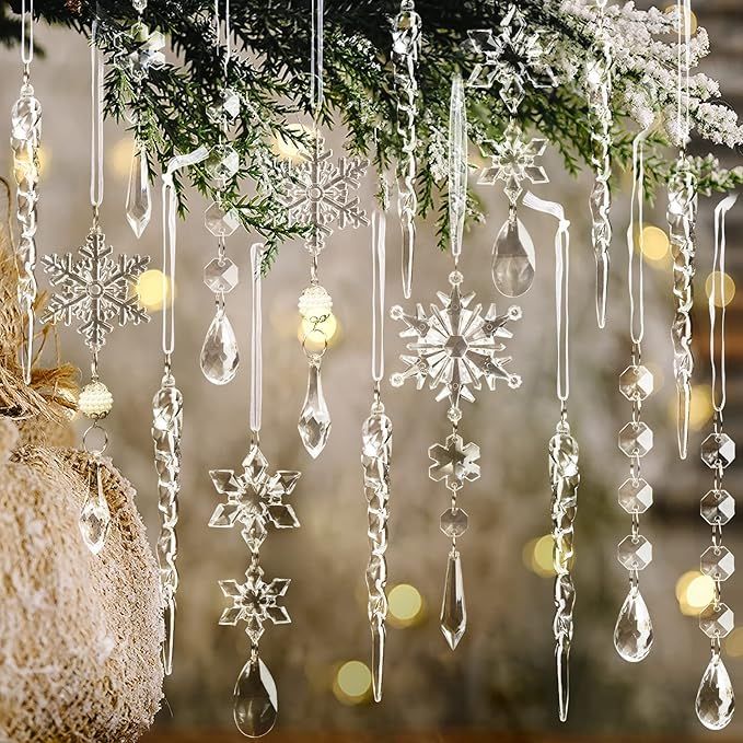 This set of 18 crystal ornaments is designed specifically for decorating Christmas trees during the holiday season. Each ornament is crafted from acrylic material, giving them a reflective and sparkling appearance that will add a touch of elegance to your tree.