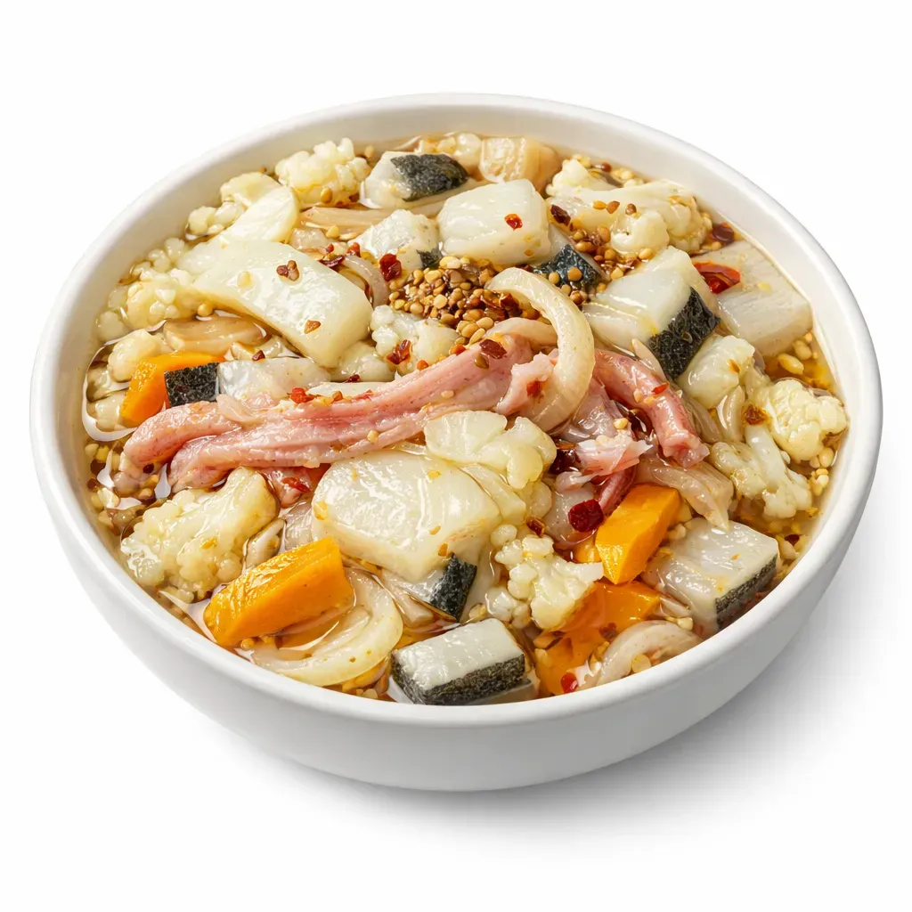 A flavorful appetizer made from beluga whale skin and blubber, pickled with vegetables and spices, offering a unique taste of the Arctic.