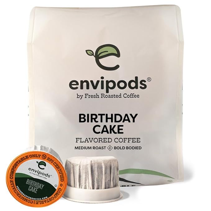 Fresh Roasted Coffee offers a unique blend of Birthday Cake flavored coffee in the form of compostable Envipods. These pods are designed to be fully biodegradable, ensuring a more environmentally friendly brewing experience. The Medium Roast coffee is kosher certified, making it suitable for a wide range of dietary restrictions.