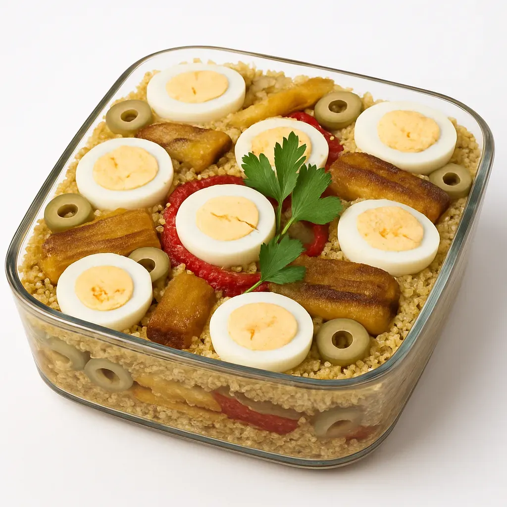 A traditional Brazilian dish from the Amazon region that combines salty pirarucu fish, sweet fried plantains, nutty cassava flour, and colorful vegetables, resulting in a hearty and festive main course.