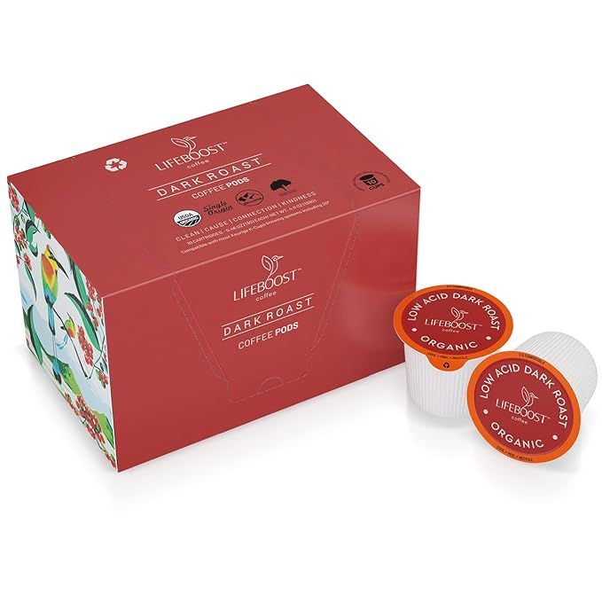 Lifeboost Dark Roast Low Acid Coffee K Cups are carefully crafted single-origin coffee pods that are certified organic, non-GMO, and mold-free. These coffee pods are compatible with Keurig and Keurig 2 machines, making them convenient and easy to use. Each box contains 10 individually sealed pods for freshness and convenience.