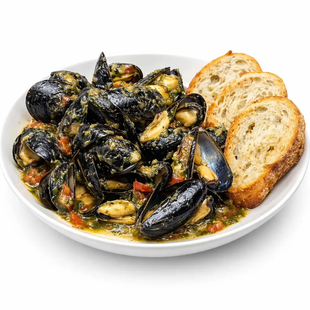 A delightful seafood dish featuring mussels simmered in a flavorful tomato and wine sauce, perfect for a cozy dinner or as an appetizer.