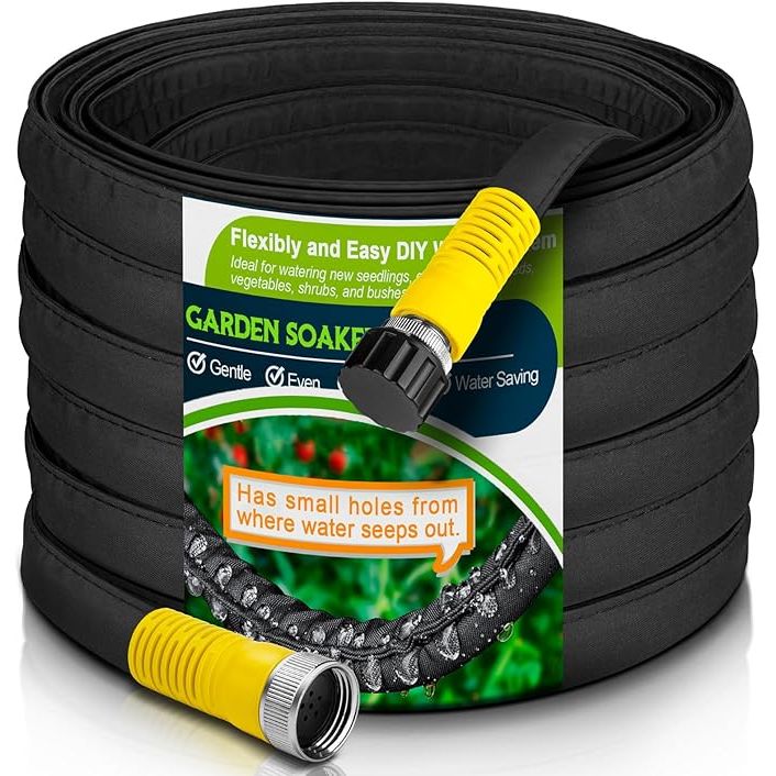 The Flat Garden Soaker Hose 100 FT is a heavy-duty water hose designed for efficient irrigation and watering in gardens, lawns, flower beds, and vegetable fields. This soaker hose delivers water directly to the root system of plants, minimizing water waste and promoting healthier growth by providing deep and consistent watering.