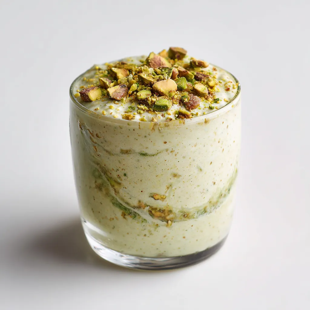 A nourishing and indulgent breakfast option featuring oats, chia seeds, matcha, and topped with a delicious white chocolate shell and chopped pistachios.
